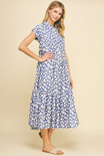 Print Tiered Button Down Maxi Dress - Blue