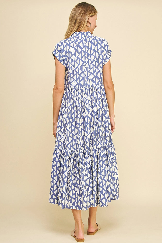 Print Tiered Button Down Maxi Dress - Blue