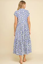 Print Tiered Button Down Maxi Dress - Blue