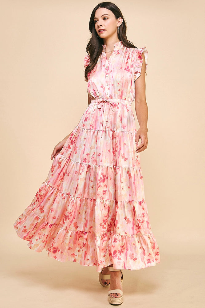 Pink Satin Print Maxi Dress