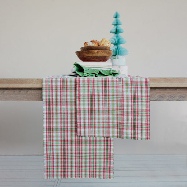 Woven Cotton Table Runner with Plaid Pattern