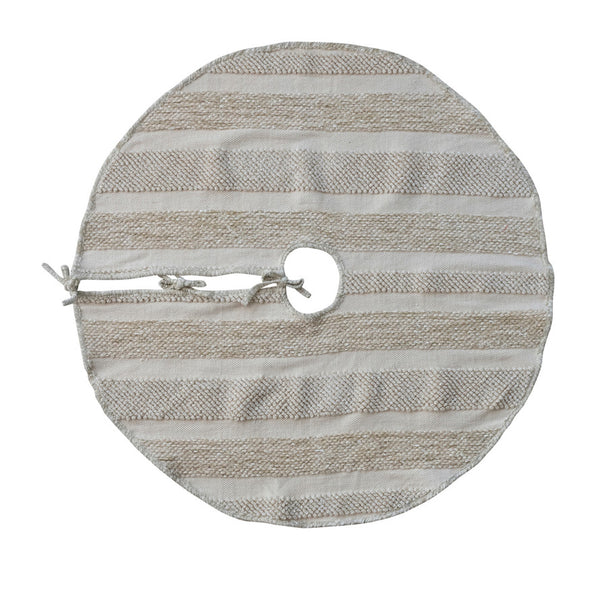 Round Woven Cotton & Fabric Blend Striped Tree Skirt with Embroidery & Ties
