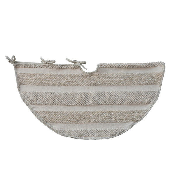 Round Woven Cotton & Fabric Blend Striped Tree Skirt with Embroidery & Ties