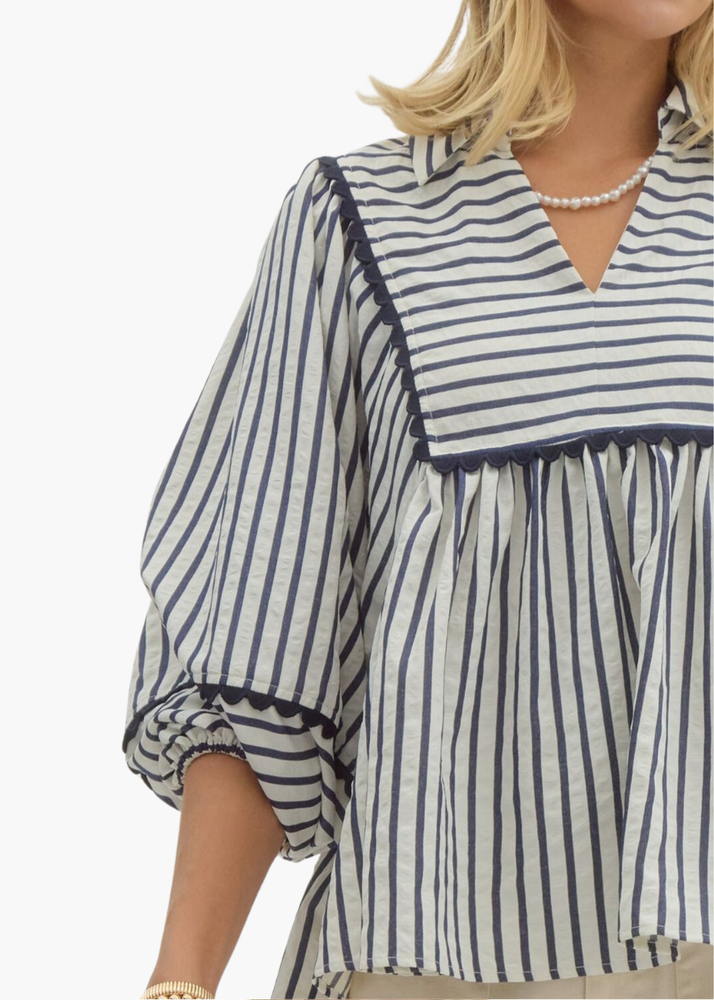 Navy Stripe Top with Navy Scalloped Trim