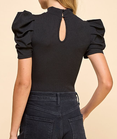 Black Stretch Knit Short Puff Sleeve Bodysuit