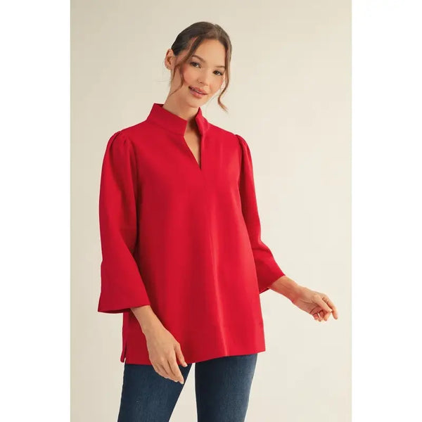 Red Standing Collared Puff Shoulder Solid Top