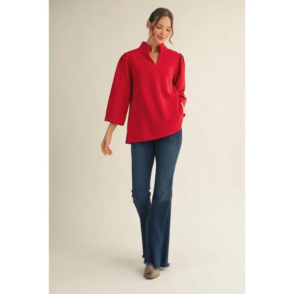 Red Standing Collared Puff Shoulder Solid Top