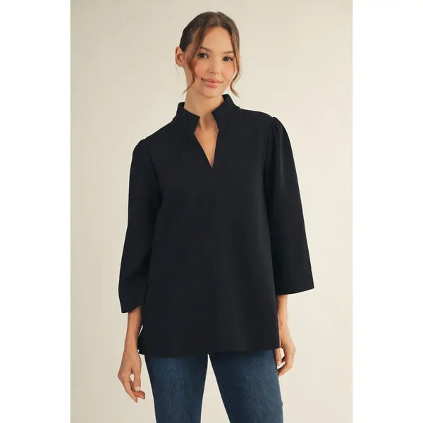 Black Standing Collared Puff Shoulder Solid Top