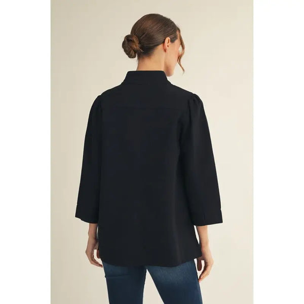 Black Standing Collared Puff Shoulder Solid Top