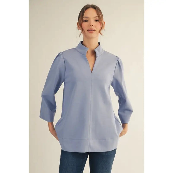 Blue Standing Collared Puff Shoulder Solid Top