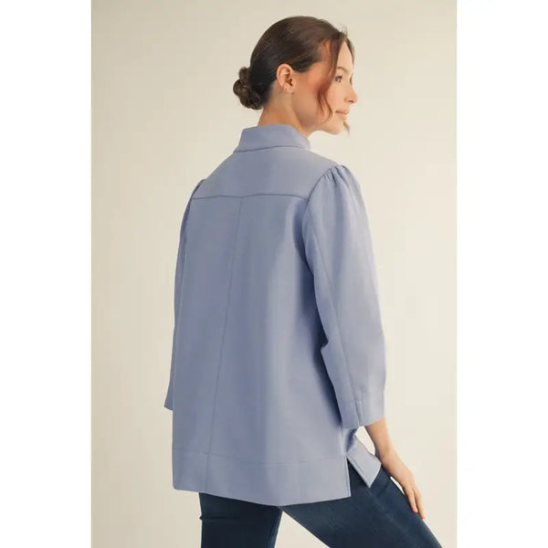 Blue Standing Collared Puff Shoulder Solid Top