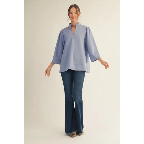 Blue Standing Collared Puff Shoulder Solid Top