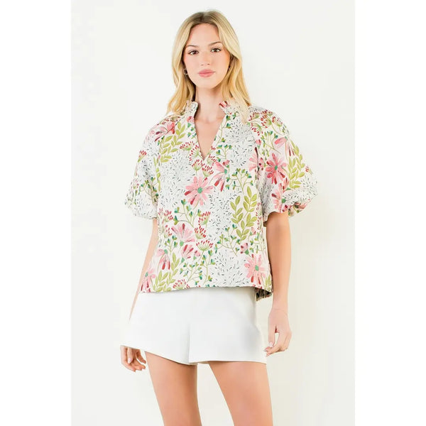 Puff Sleeve Floral Pattern Top in Cream