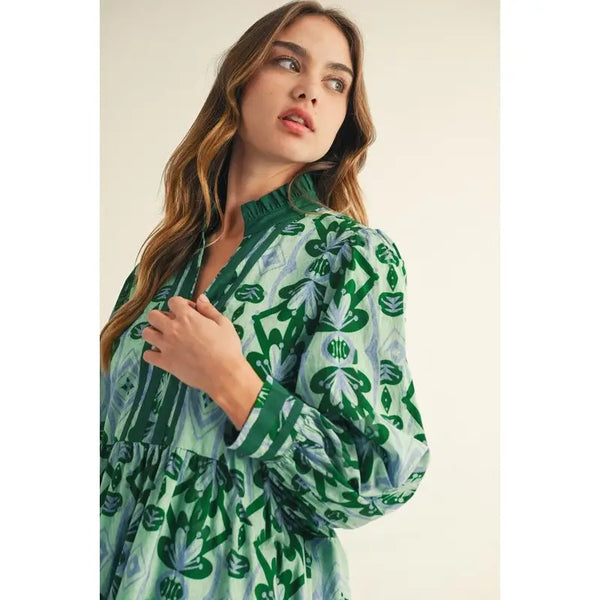Green Geo Floral Midi Dress