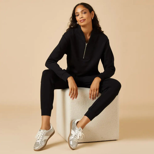 Black Athleisure Dreamtech 1/4 Zip Jogger Set For Women