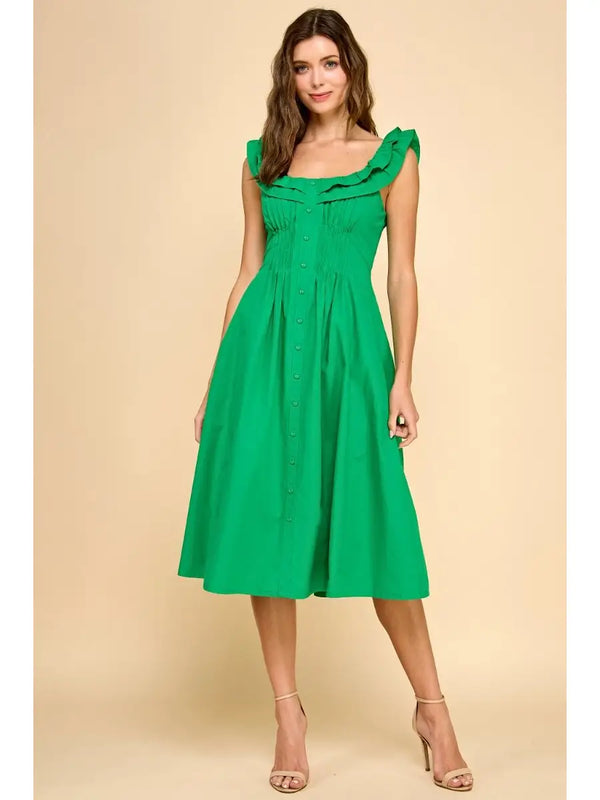 Kelly Green Pleated Waist Faux Button Down Dress