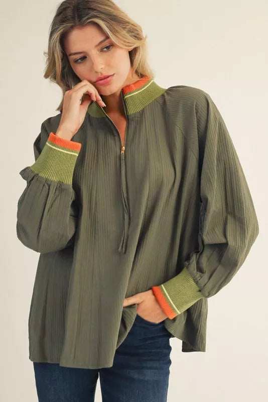 Olive Loose Fit Top with Contrast Band Detail