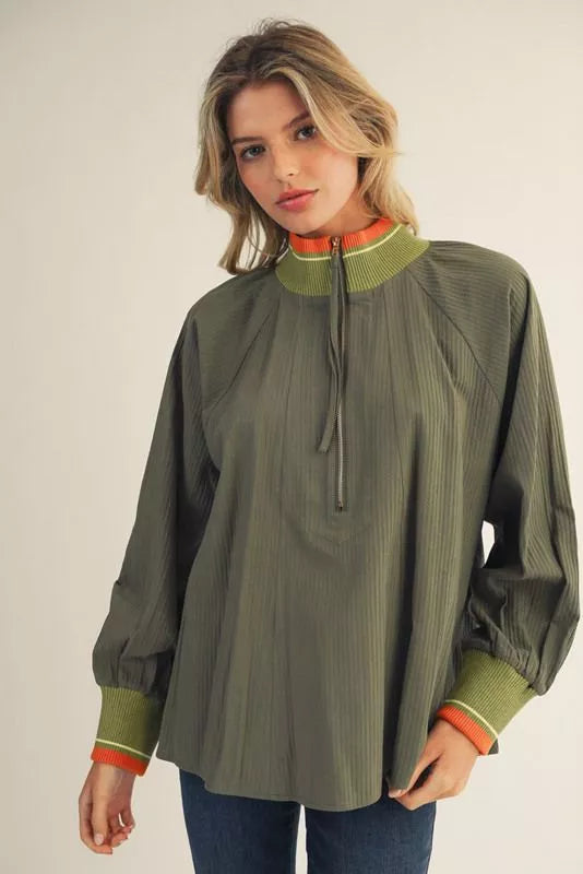 Olive Loose Fit Top with Contrast Band Detail