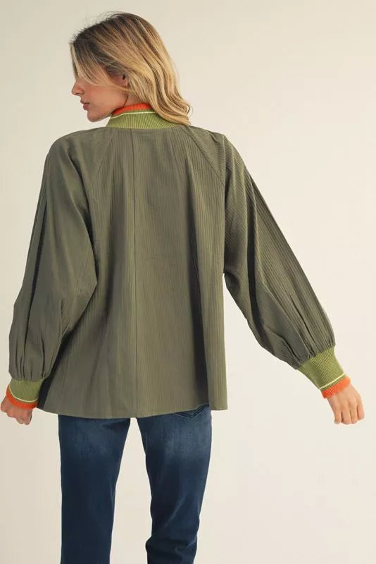 Olive Loose Fit Top with Contrast Band Detail