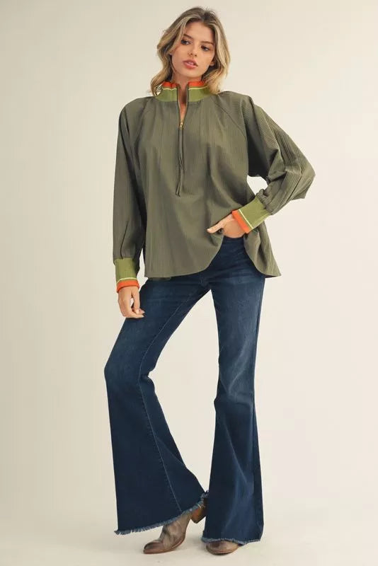 Olive Loose Fit Top with Contrast Band Detail