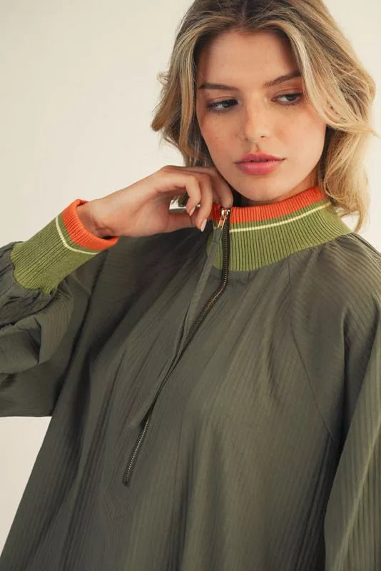 Olive Loose Fit Top with Contrast Band Detail