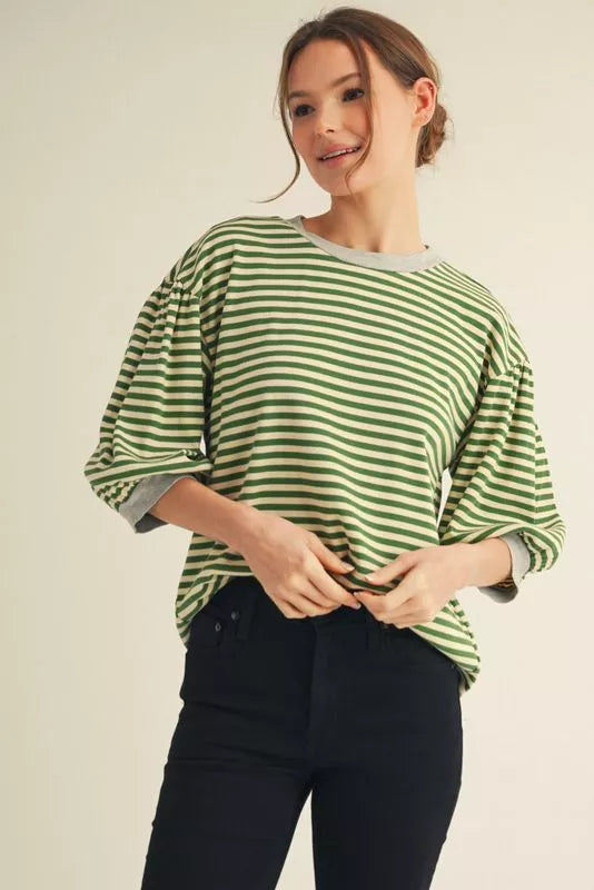 Green and Cream Puff Sleeve stripe Top