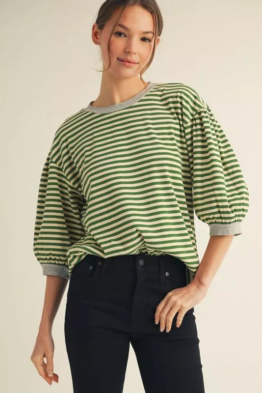 Green and Cream Puff Sleeve stripe Top
