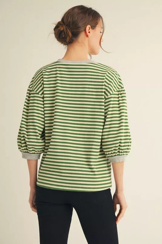 Green and Cream Puff Sleeve stripe Top
