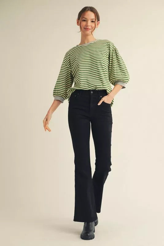 Green and Cream Puff Sleeve stripe Top
