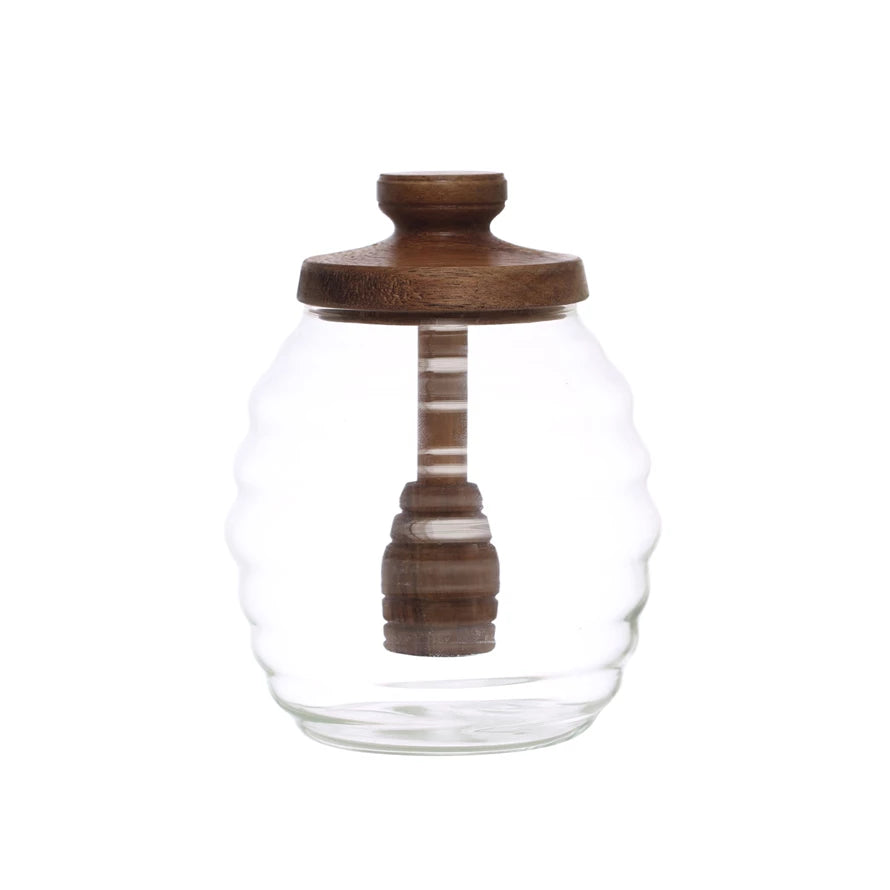 Glass Honey Jar w/ Acacia Wood Lid & Attached Honey Dipper, Natural