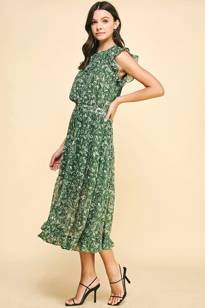 Olive Floral Knee Length Dress