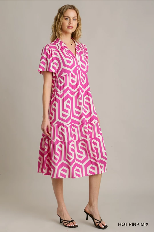 Two Tone Geo Print Dress Hot Pink