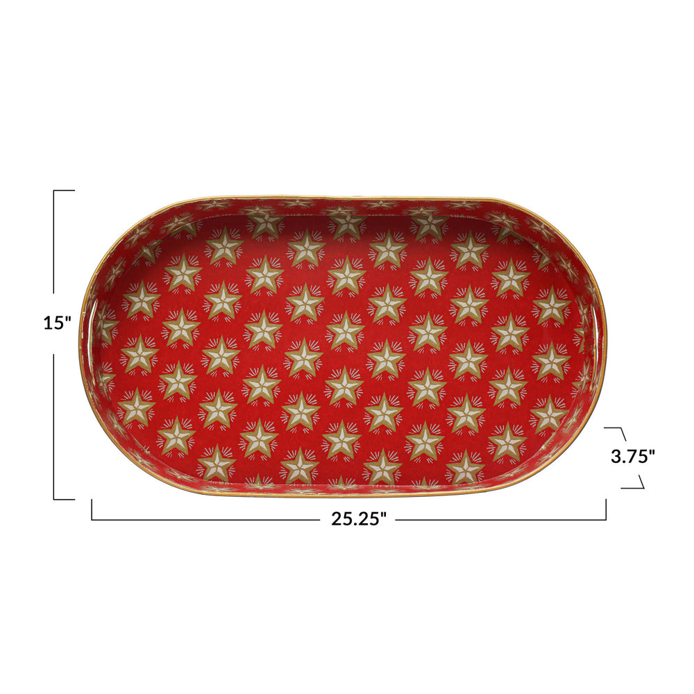 Decorative Metal Tray w/ Handles & Star Pattern, Red, Cream & Gold Color