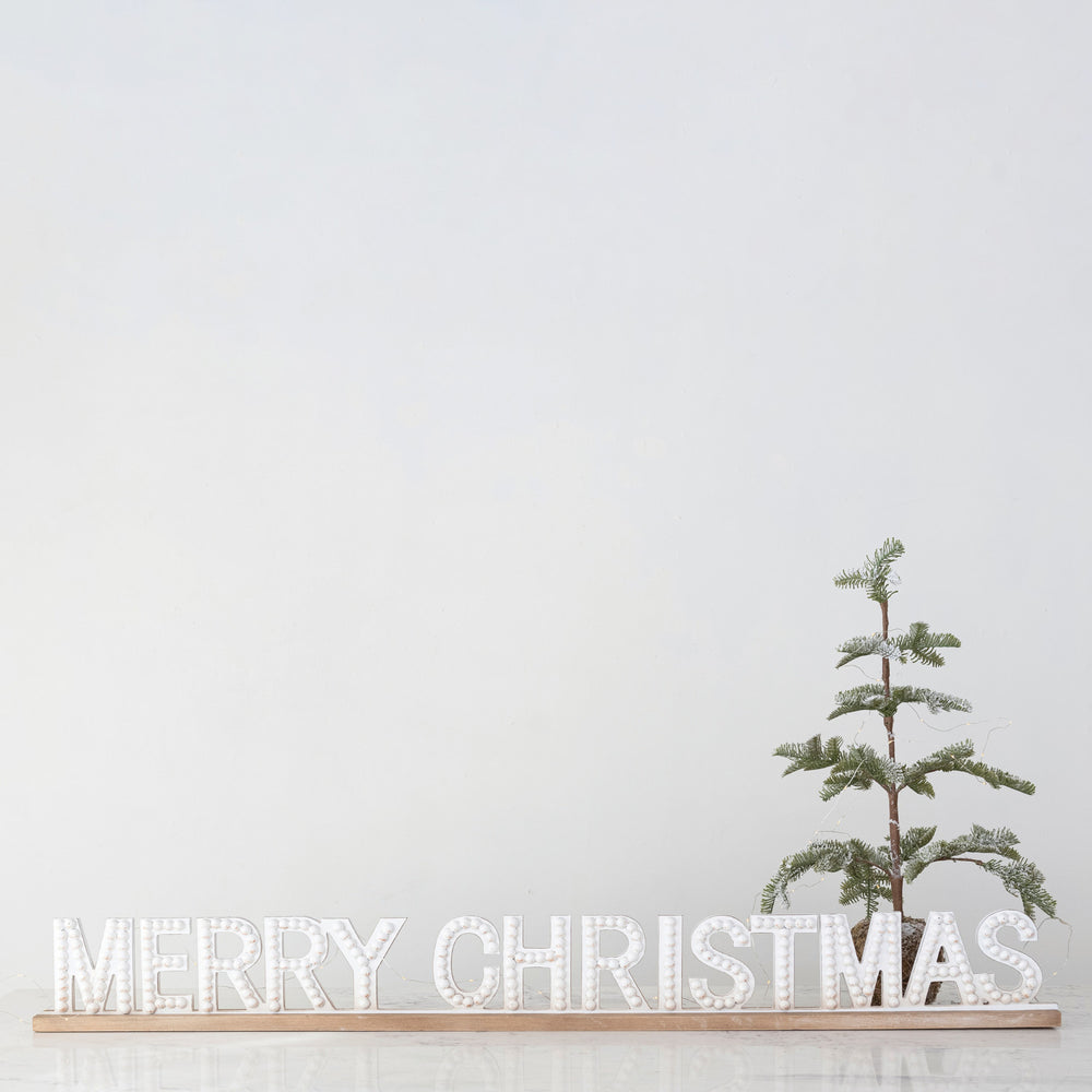 Fir Wood Hobnail Mantel Sign "Merry Christmas", White & Natural