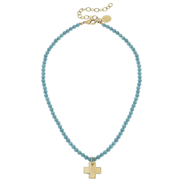 Gold Cross On Turquoise Beaded Necklace