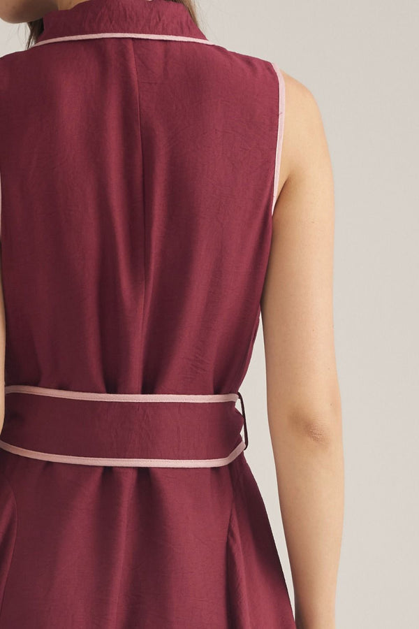 Sleeveless Burgundy Midi Dress w Contrast Piping & Belt