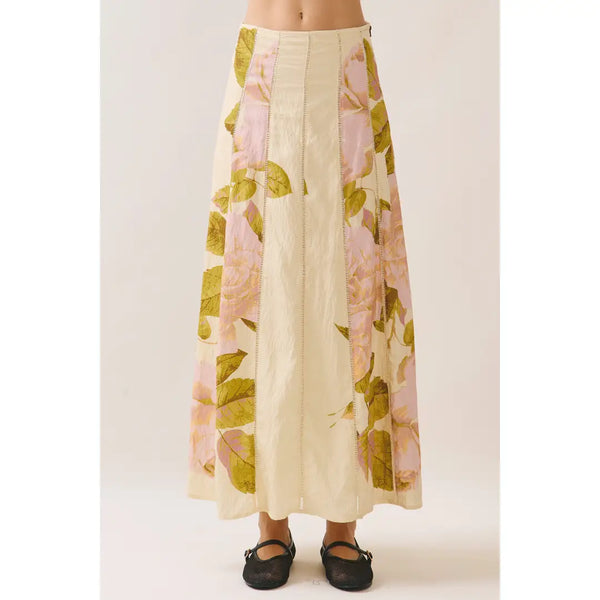 Yellow Floral Print Ladder Trim Detail A Line Maxi Skirt