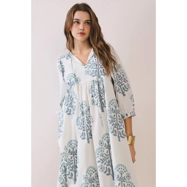 Printed Blue Keyhole Front Dress with Balloon Sleeves
