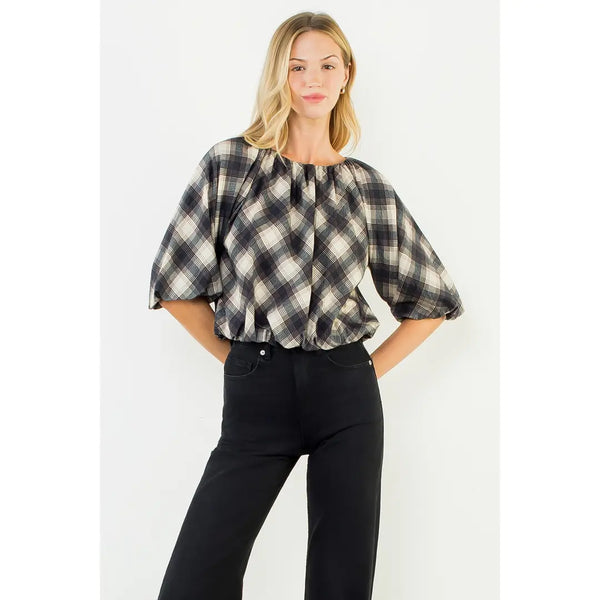 Flowy Cinched Black Plaid Top