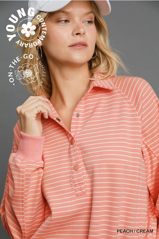 Peach Henley Style Striped Sweatshirt