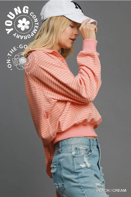 Peach Henley Style Striped Sweatshirt