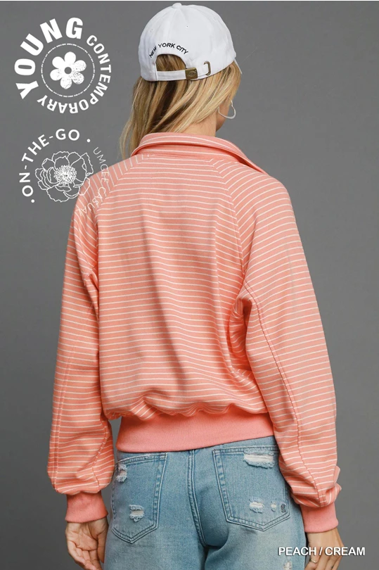Peach Henley Style Striped Sweatshirt