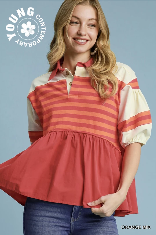 Orange Stripe Contrast Dolman Top