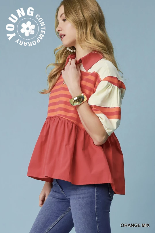 Orange Stripe Contrast Dolman Top