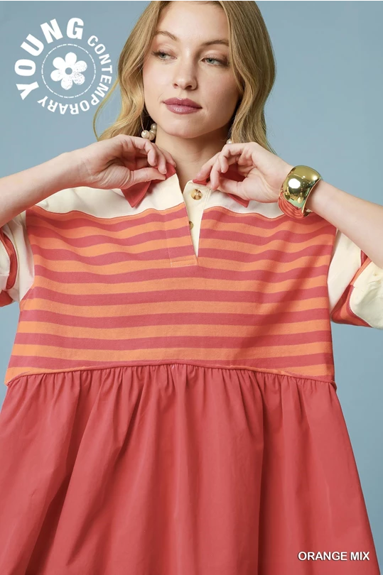 Orange Stripe Contrast Dolman Top