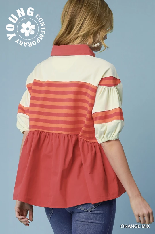 Orange Stripe Contrast Dolman Top