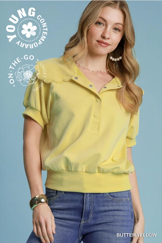 Butter Yellow Scallop Collar Puff Sleeve Top