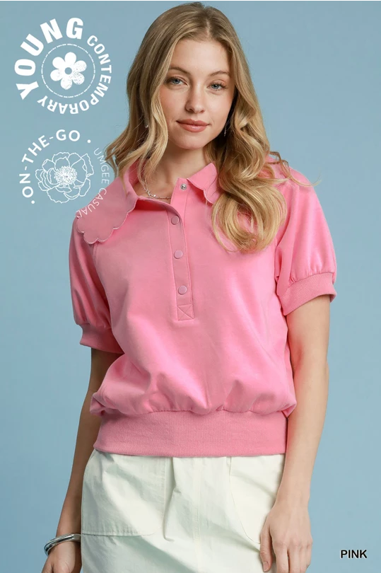 Pink Scallop Collar Puff Sleeve Top