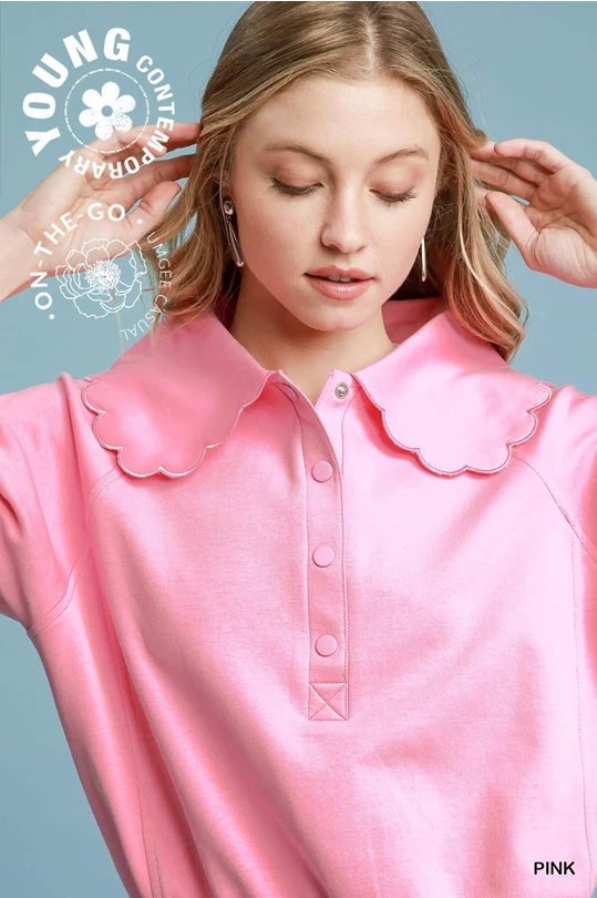 Pink Scallop Collar Puff Sleeve Top