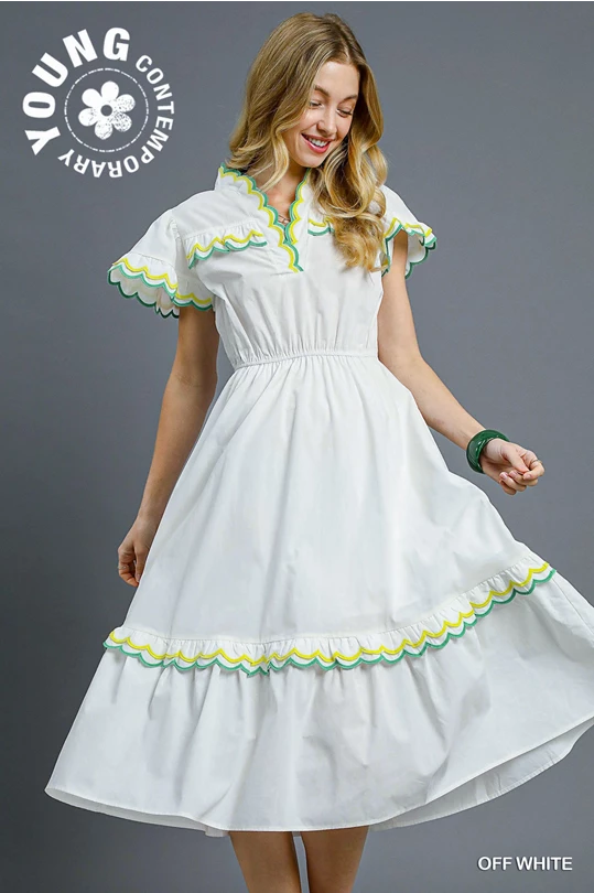 Scalloped Trim Flutter Sleeve Midi Dress